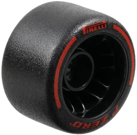 Black Wheel 24 x 14.9 with Pin Hole with Molded Black Hard Rubber Tire and Printed Red 'PIRELLI', 'P