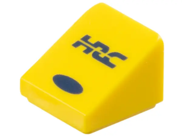 Yellow Slope 30 1 x 1 x 2/3 with Dark Blue Stylized 'HRC' and Oval Pattern