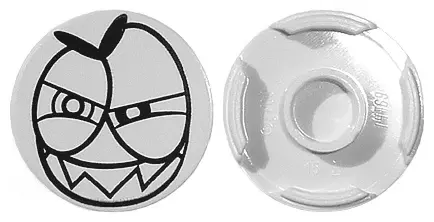 White Tile, Round 2 x 2 with Bottom Stud Holder with Black Large Squinting Eyes and Wide Grin with S