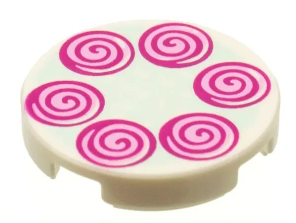 White Tile, Round 2 x 2 with Bottom Stud Holder with 6 Magenta Spirals Pattern