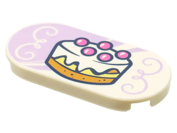 White Tile, Round 2 x 4 Oval with Layer Cake on Lavender Background with Filigree Pattern