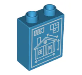 Dark Azure Duplo, Brick 1 x 2 x 2 with House Blueprint Pattern