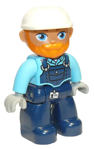 Duplo Figure Lego Ville, Male, Dark Blue Legs, Medium Azure Top with Dark Blue Overalls, White Const