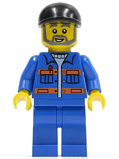 Blue Jacket with Pockets and Orange Stripes, Blue Legs, Black Short Bill Cap, Gray Beard