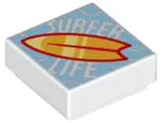 White Tile 1 x 1 with 'SURFER LIFE' and Red, Orange, and Bright Light Yellow Surfboard on Bright Lig