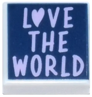 White Tile 1 x 1 with Lavender 'LOVE THE WORLD' with Heart on Dark Blue Background Pattern