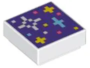 White Tile 1 x 1 with Pixelated Coral, Medium Azure, White, and Yellow Stars and Dots on Dark Purple