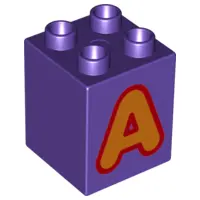 Dark Purple Duplo, Brick 2 x 2 x 2 with Letter A Orange Pattern