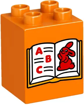 Orange Duplo, Brick 2 x 2 x 2 with Book with A, B, C and Bunny / Rabbit Pattern