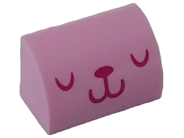 Bright Pink Slope, Curved 1 x 2 with Bottom Stud Holder with Cat Face with Magenta Closed Eyes, Nose