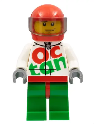 Race Car Driver, White Octan Racing Suit with Silver Zipper, Red Helmet with Trans-Brown Visor, Croo