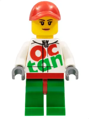 Race Car Female Mechanic, White Octan Racing Suit with Silver Zipper, Red Cap with Hole, Peach Lips