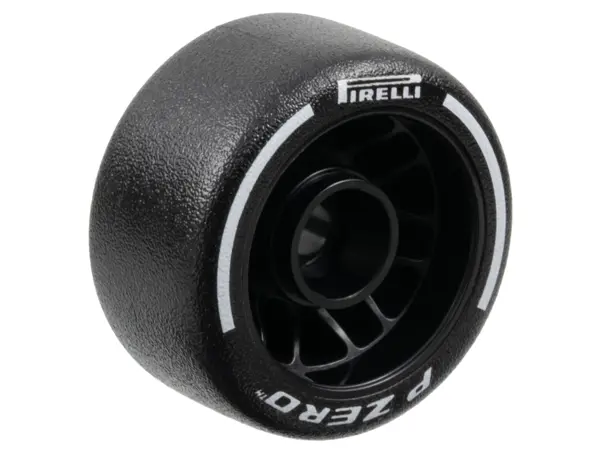 Black Wheel 24 x 13.4 with Pin Hole with Molded Black Hard Rubber Tire and Printed White 'PIRELLI', 