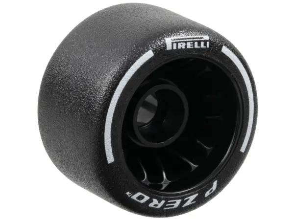 Black Wheel 24 x 14.9 with Pin Hole with Molded Black Hard Rubber Tire and Printed White 'PIRELLI', 