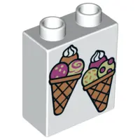 White Duplo, Brick 1 x 2 x 2 with 2 Ice Cream Cones Pattern