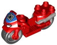 Red Duplo Motorcycle with Rubber Wheels, Headlights, Spider-Man Logo on Blue Windshield Pattern