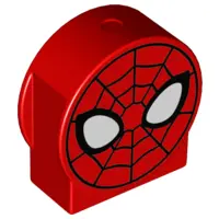 Red Duplo, Brick 1 x 2 x 2 Round Top, Cut Away Sides with Spider-Man Face Pattern