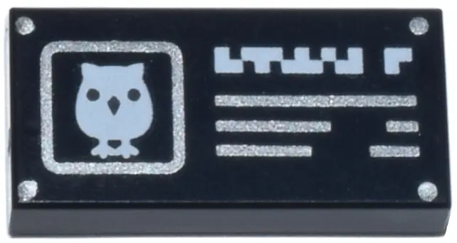 Tile 1 x 2 with Plaque with Silver Nails, Box, and Text Lines and White Owl and Pixelated Title Patt