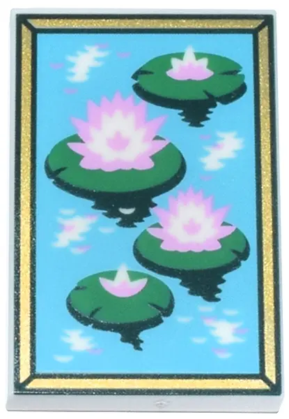 Tile 2 x 3 with Green and Dark Green Water Lily Pads with White and Bright Pink Flowers, Medium Azur