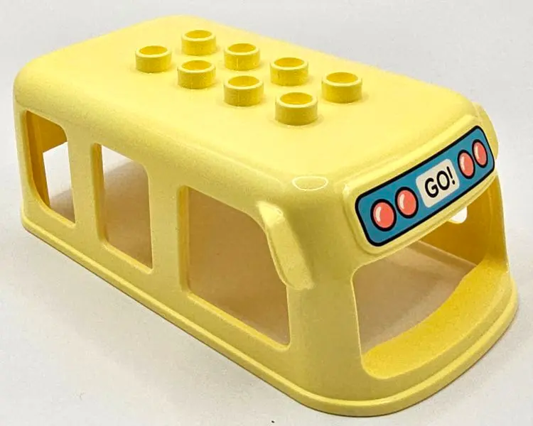 Bright Light Yellow Duplo Bus Small Top Section with 3 Windows on Sides with Black 'GO!' and 4 Coral