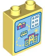 Bright Light Yellow Duplo, Brick 1 x 2 x 2 with Map, Coral Buildings and White Bus Timetable with Bl