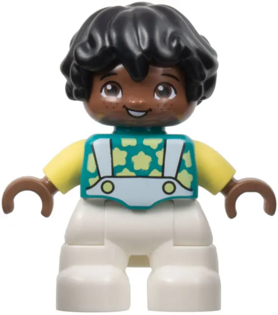 Duplo Figure Lego Ville, Child Boy, White Legs, Dark Turquoise Top with Stars, Bright Light Yellow A