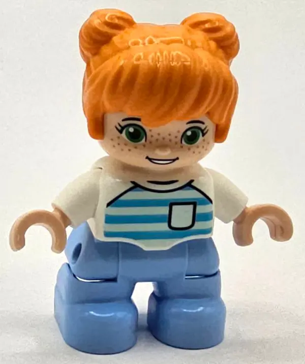 Duplo Figure Lego Ville, Child Girl, Bright Light Blue Legs, Orange Hair, Medium Azure and Light Aqu