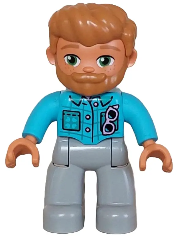 Duplo Figure Lego Ville, Male, Light Bluish Gray Legs, Medium Azure Jacket with Bright Pink Buttons 