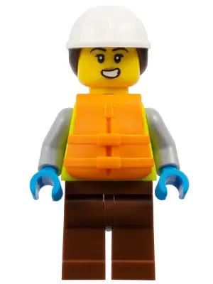 Dock Worker - Female, Neon Yellow Safety Vest with Reflective Stripes, Reddish Brown Legs, White Con