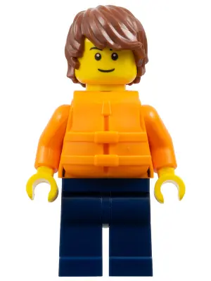Man - Reddish Brown Hair, Orange Jacket and Life Jacket, Dark Blue Legs