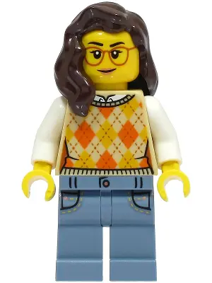 Passenger - Female, Tan Knit Argyle Sweater Vest, Sand Blue Legs with Pockets, Dark Brown Hair, Glas