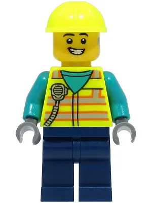 Utility Truck Driver - Male, Neon Yellow Safety Vest with Radio, Dark Blue Legs, Neon Yellow Constru