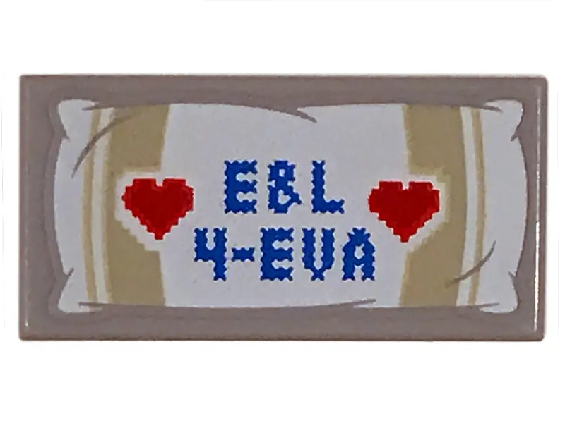 Light Bluish Gray Tile 1 x 2 with 'E&L 4-EVA' with Red Hearts Pattern
