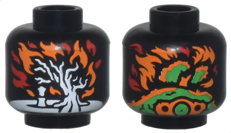 Black Minifigure, Head without Face with White Tree in Orange and Red Flames, Bright Green Hobbit Hi