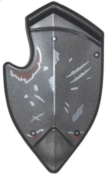 Pearl Dark Gray Minifigure, Shield Broad Pointed Bottom and Cutout Corner with Dark Silver Scratches
