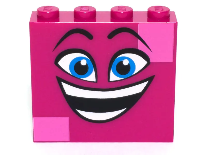 Magenta Brick 1 x 4 x 3 with Black Raised Eyebrows, Dark Azure Eyes, Open Mouth Smile with Teeth, an