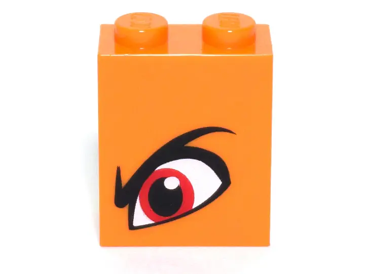 Orange Brick 1 x 2 x 2 with Inside Stud Holder with Angry Red Left Eye and Eyebrow Pattern (Queen Wa