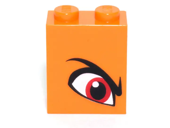 Orange Brick 1 x 2 x 2 with Inside Stud Holder with Angry Red Right Eye and Eyebrow Pattern (Queen W