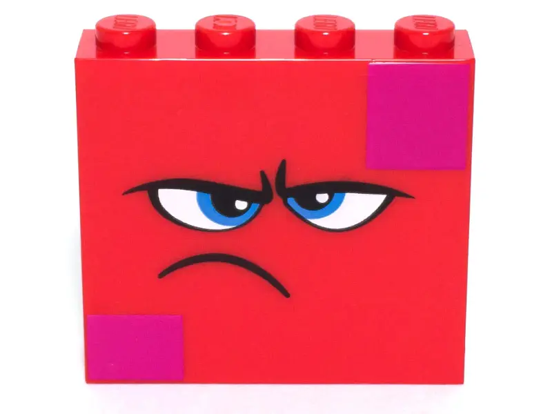 Red Brick 1 x 4 x 3 with Dark Azure Eyes, Furrowed Eyebrows, Frown and Magenta Squares on Two Corner