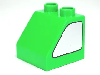 Bright Green Duplo, Brick 2 x 2 x 1 1/2 Slope 45 with Metallic Silver Window Pattern on Both Sides