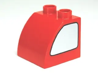 Red Duplo, Brick 2 x 2 x 1 1/2 Slope Curved with Metallic Silver Window Pattern on Both Sides