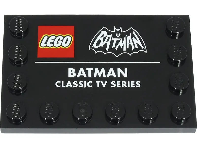 Black Tile, Modified 4 x 6 with Studs on Edges with Batman Logo and 'BATMAN CLASSIC TV SERIES' Patte