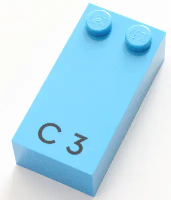Dark Azure Brick, Braille 2 x 4 with 2 Studs with Black Capital Letter C / Number 3 Pattern (dots-14