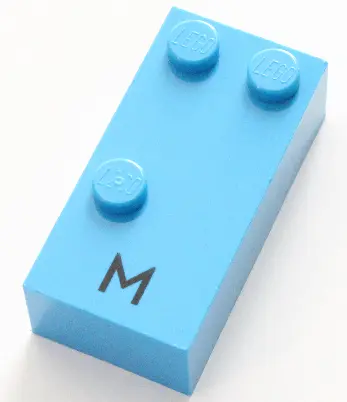 Dark Azure Brick, Braille 2 x 4 with 3 Studs with Black Capital Letter M Pattern (dots-134 ⠍)