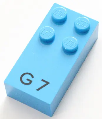 Dark Azure Brick, Braille 2 x 4 with 4 Studs with Black Capital Letter G / Number 7 Pattern (dots-12