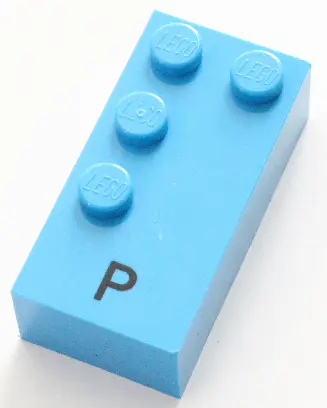 Dark Azure Brick, Braille 2 x 4 with 4 Studs with Black Capital Letter P Pattern (dots-1234 ⠏)