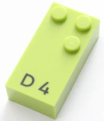 Lime Brick, Braille 2 x 4 with 3 Studs with Black Capital Letter D / Number 4 Pattern (dots-145 ⠙)