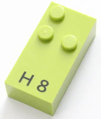 Lime Brick, Braille 2 x 4 with 3 Studs with Black Capital Letter H / Number 8 Pattern (dots-125 ⠓)