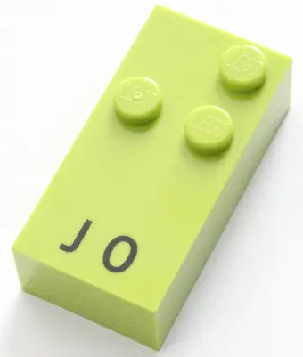 Lime Brick, Braille 2 x 4 with 3 Studs with Black Capital Letter J / Number 0 Pattern (dots-245 ⠚)