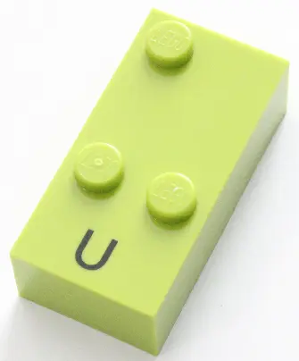 Lime Brick, Braille 2 x 4 with 3 Studs with Black Capital Letter U Pattern (dots-136 ⠥)